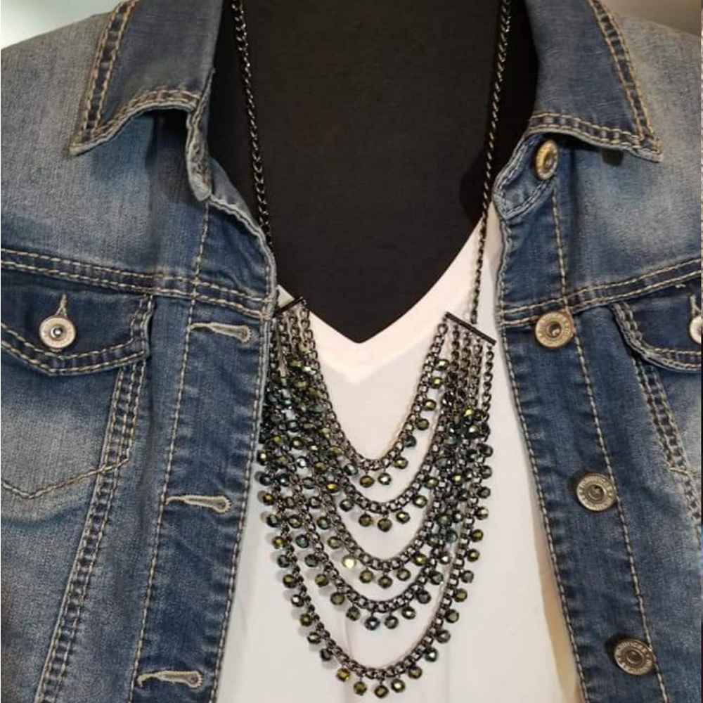 Hematite plated, aurora borealis glass beads, 16" - 24" five-strand necklace.